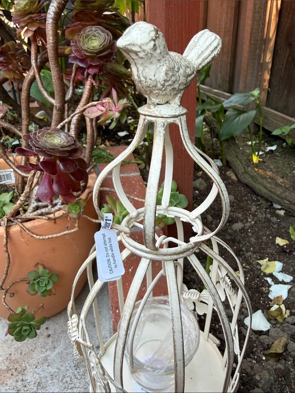 Pier 1 Cream Metal Birdcage Candle Holder with Floral Accents